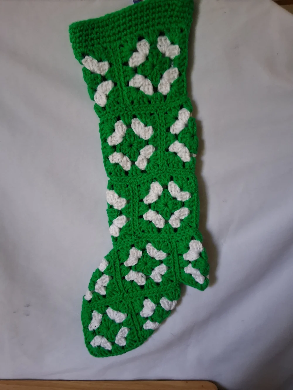 Handmade Green and White Crochet Holiday Stocking